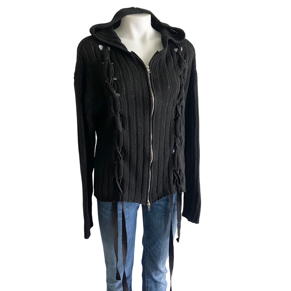 Daisy Street Black Ribbed Lace Up Full Zip Hoodie Sweater Women Small